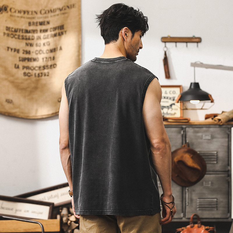美式復古男士背心夏季寬鬆炒雪花水洗重磅T恤坎肩運動無袖上衣男T