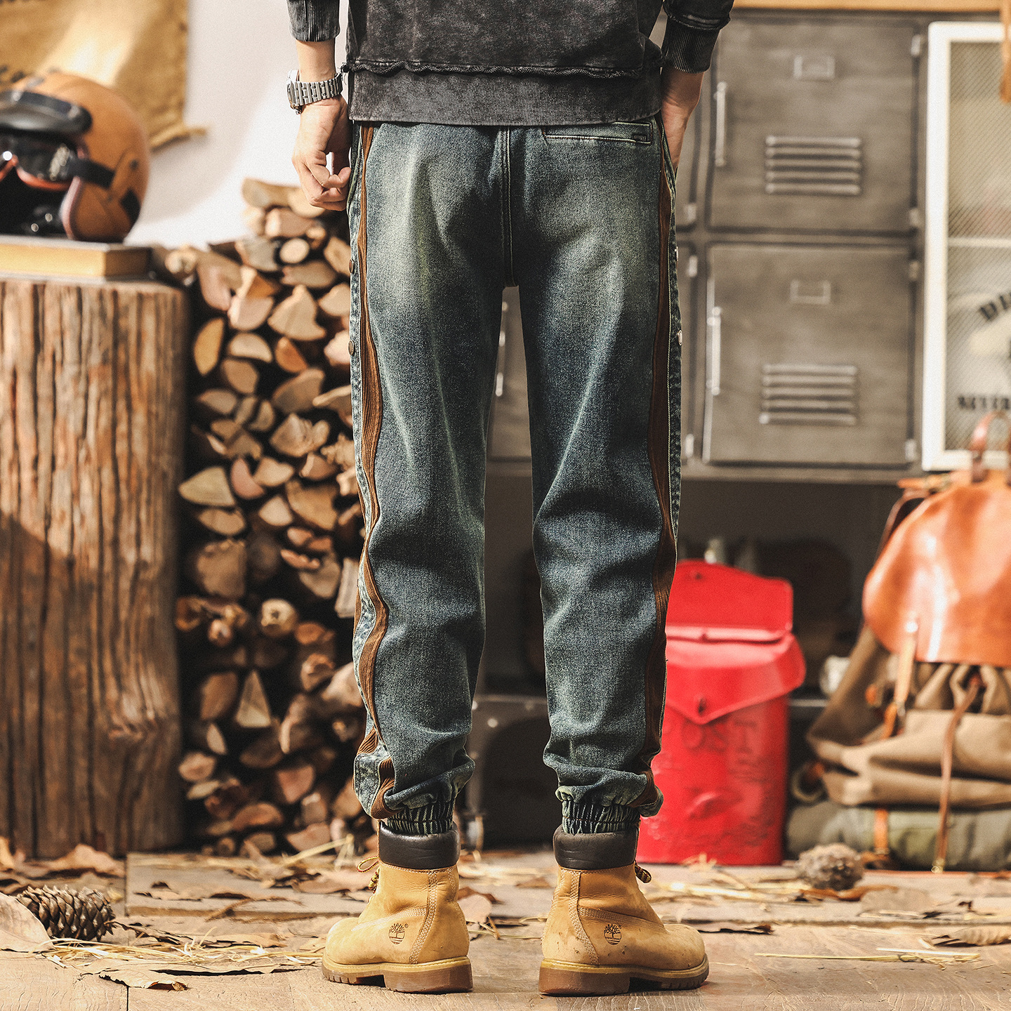 美式復古拼接牛仔褲男秋季2025新款潮牌寬鬆束腳休閒工裝褲子男潮