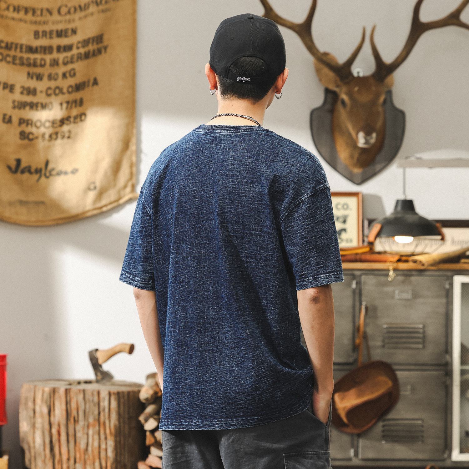 高級感竹節針織牛仔短袖男款夏季T恤男寬鬆潮牌美式復古上衣