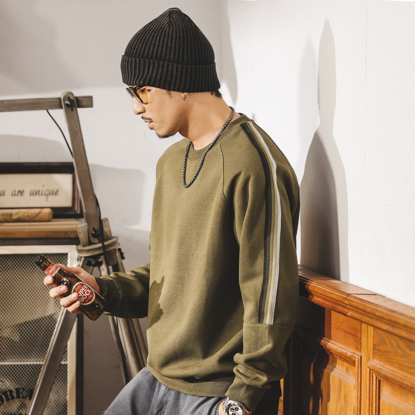 美式復古橄欖綠重磅衛衣男春秋2025新款潮流男士t恤長袖寬鬆上衣