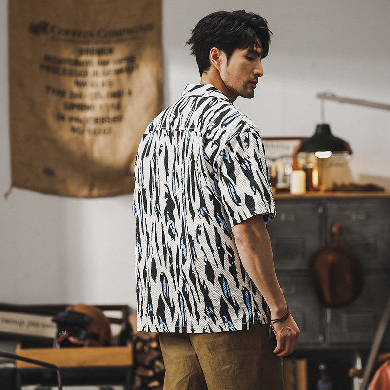 美式經典泡泡紗襯衫男短袖夏季薄款寬鬆古巴領夏威夷痞帥花襯衣男