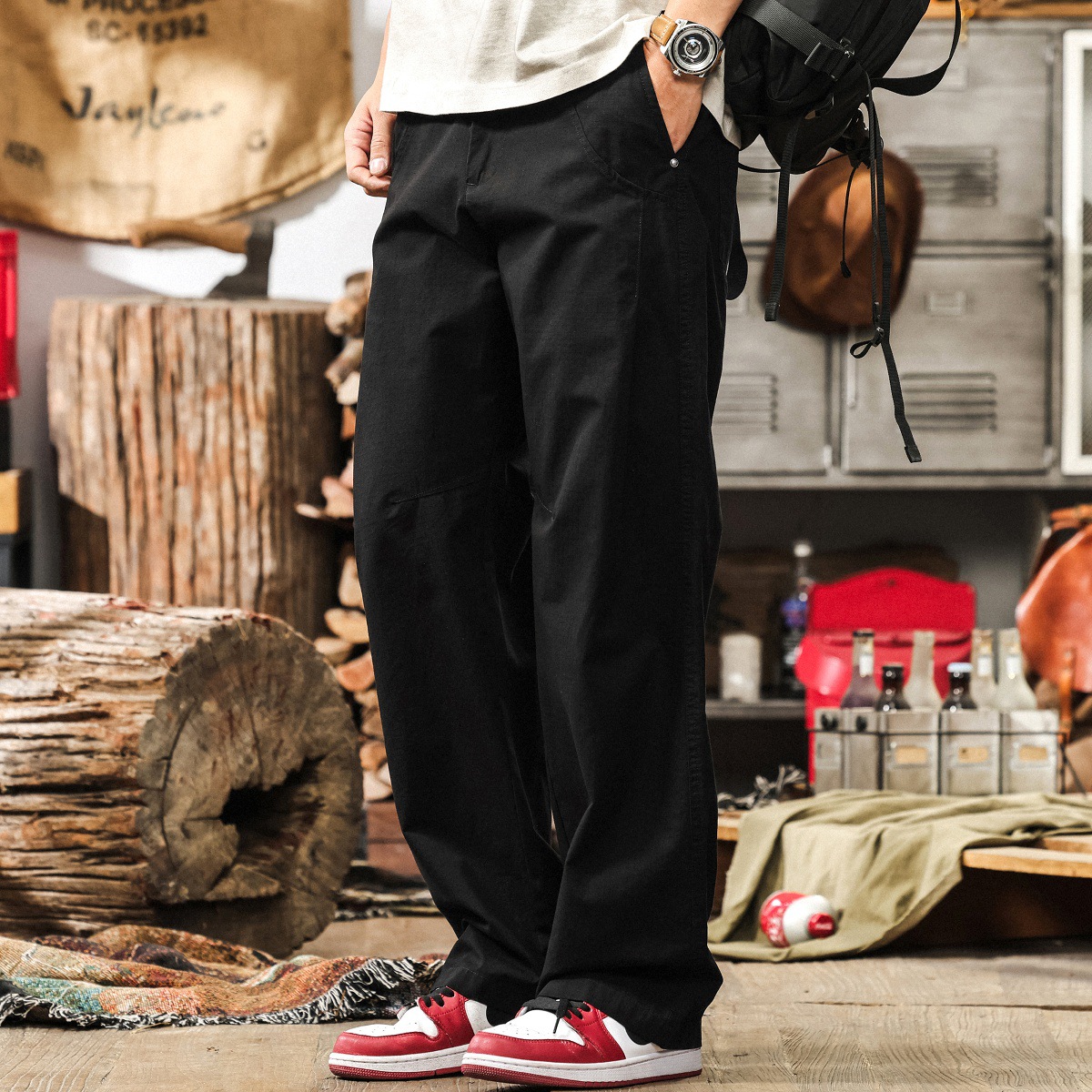 美式復古寬鬆闊腿休閒褲男士夏季直筒長褲子拼接潮牌設計感工裝褲