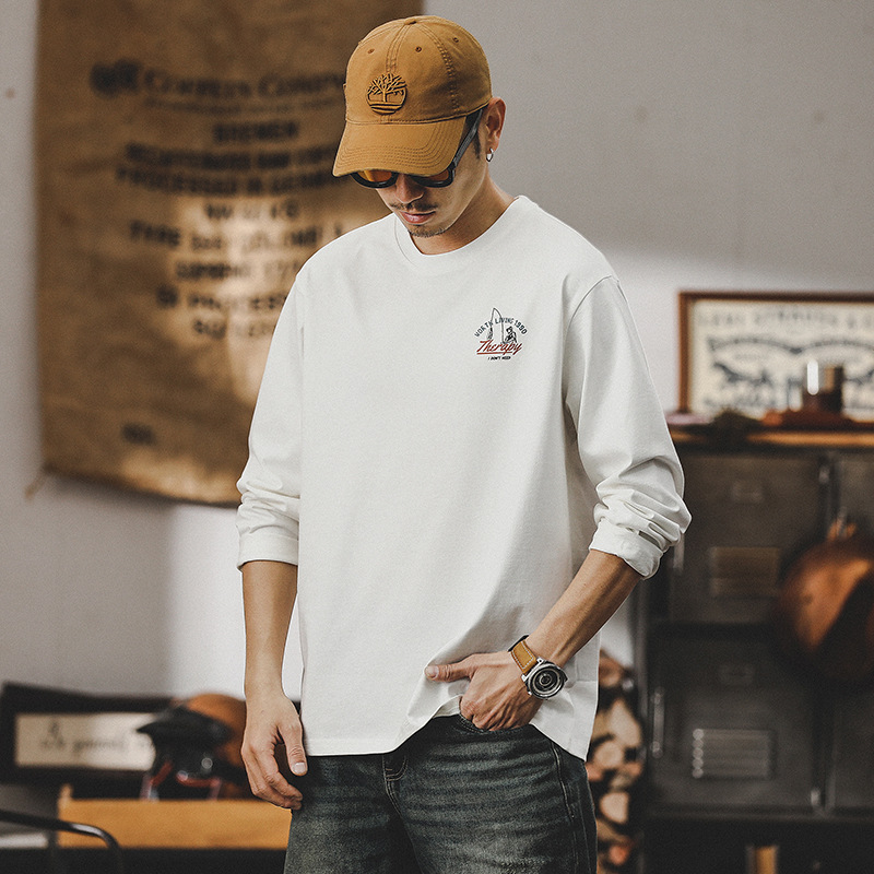 美式長袖T恤男春季2024新款山系印花體恤男260g重磅男士上衣