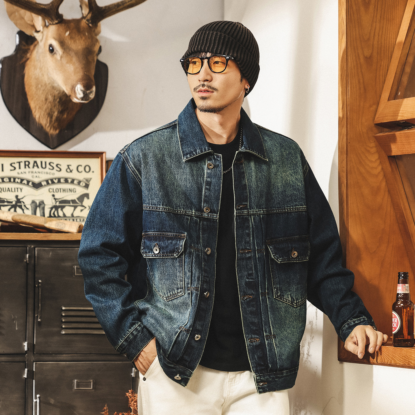 美式復古重磅水洗牛仔外套男秋春新款潮牌阿美咔嘰寬鬆工裝夾克男