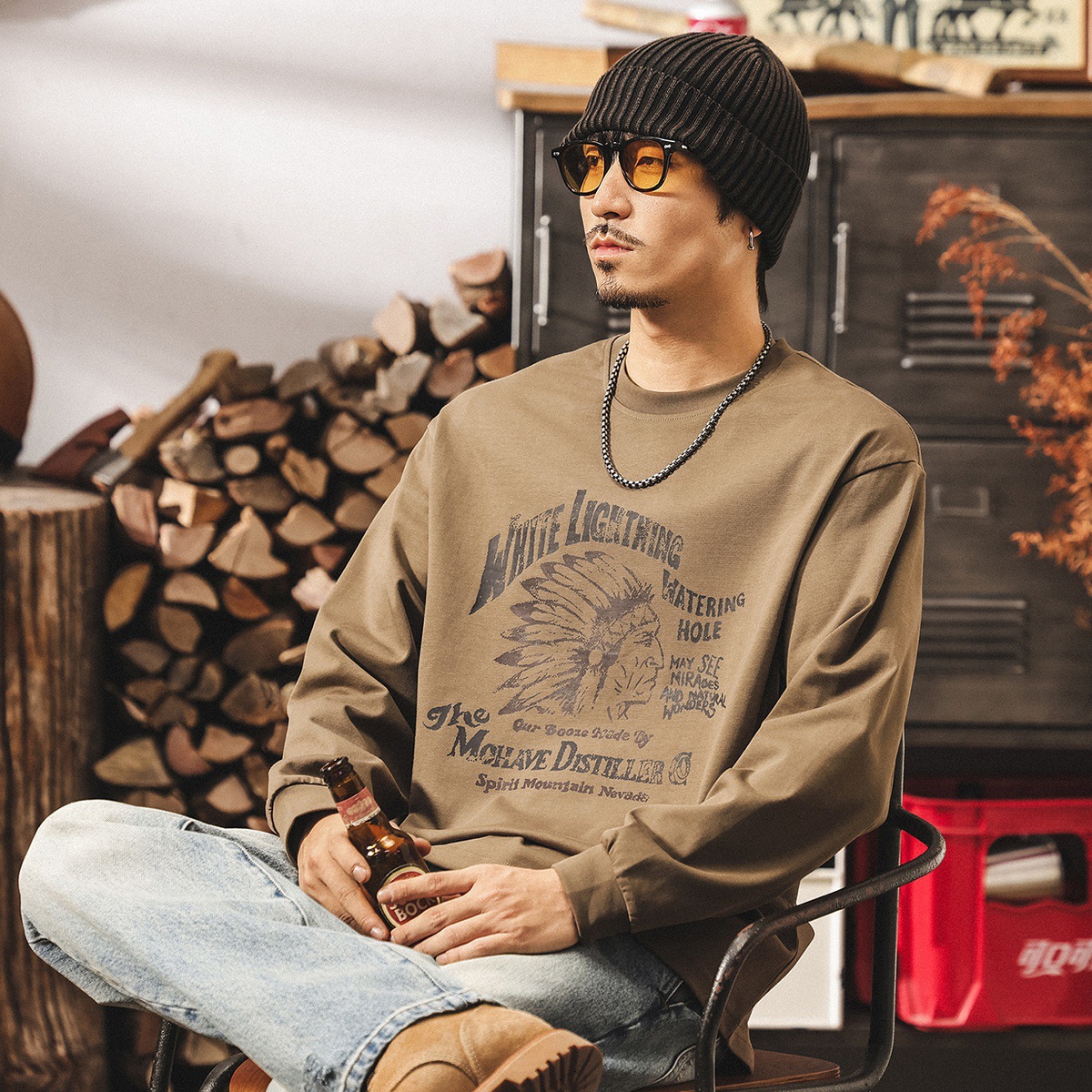 美式復古長袖男t恤春秋2025新款印第安納部落寬鬆休閒上衣純棉T男