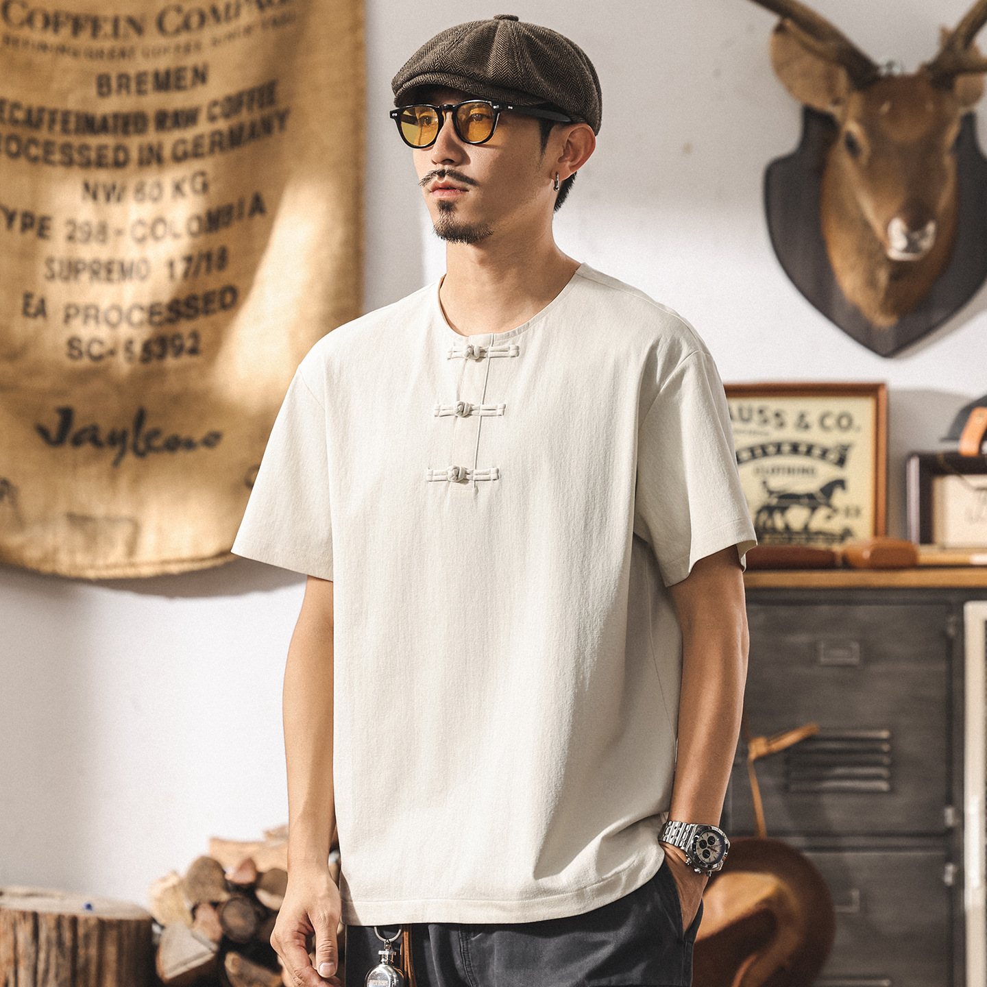 中式國風男士短袖Polo衫夏季新款國潮復古t恤男裝寬鬆體恤上衣男T