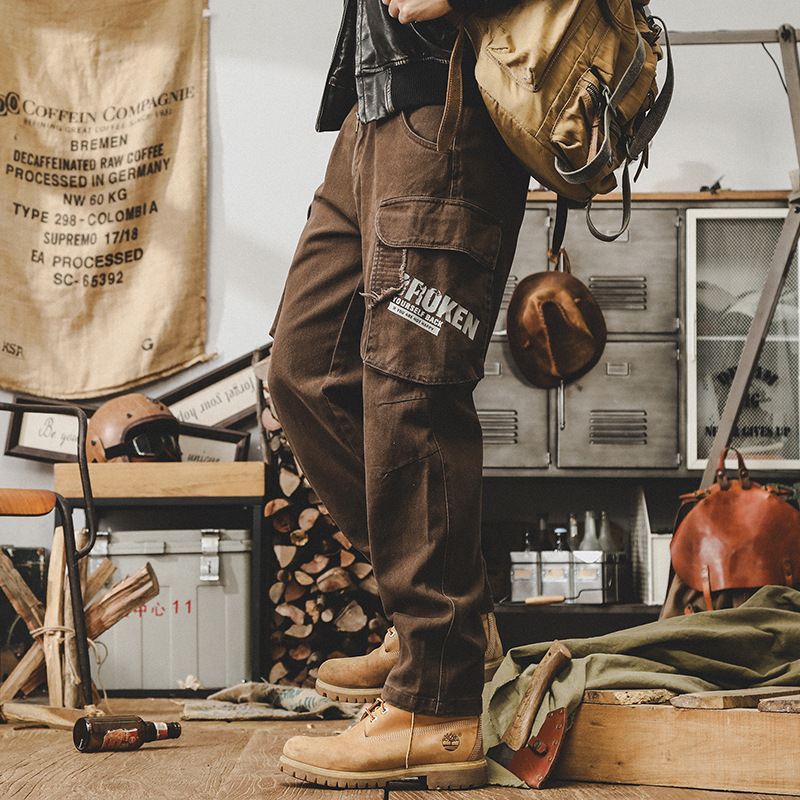 傑雷諾美式複古工裝褲男秋季潮牌多口袋寬松大碼刺繡褲子男款