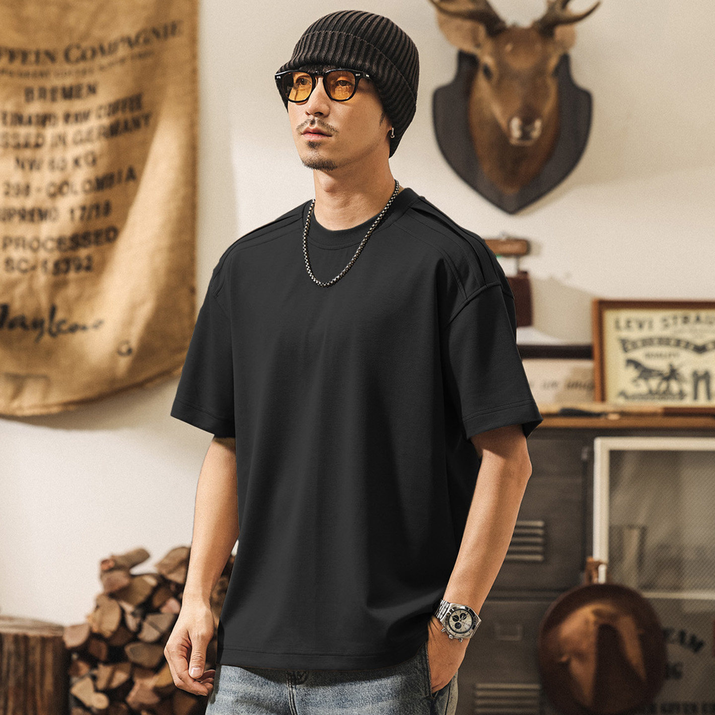 7A抗菌涼感果凍棉短袖T恤男夏季拼接解構潮流寬鬆休閒美式上衣男