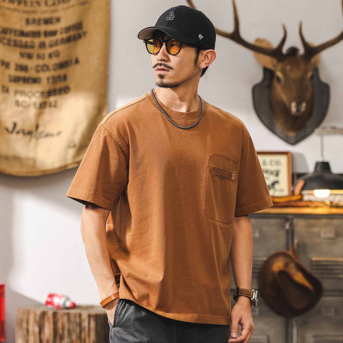 美式復古短袖T恤男士2025新款ins潮牌重磅夏季水洗寬鬆上衣男