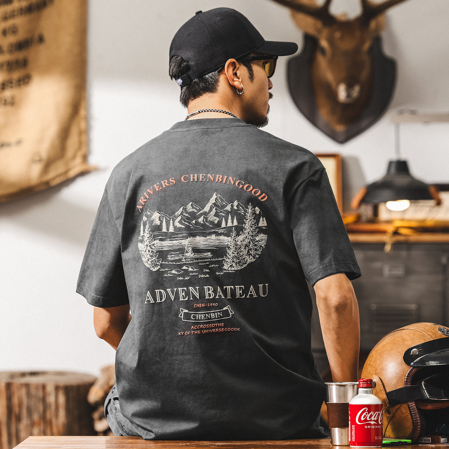 美式復古做舊水洗T恤男夏季山系戶外印花短袖男款潮牌寬鬆上衣男