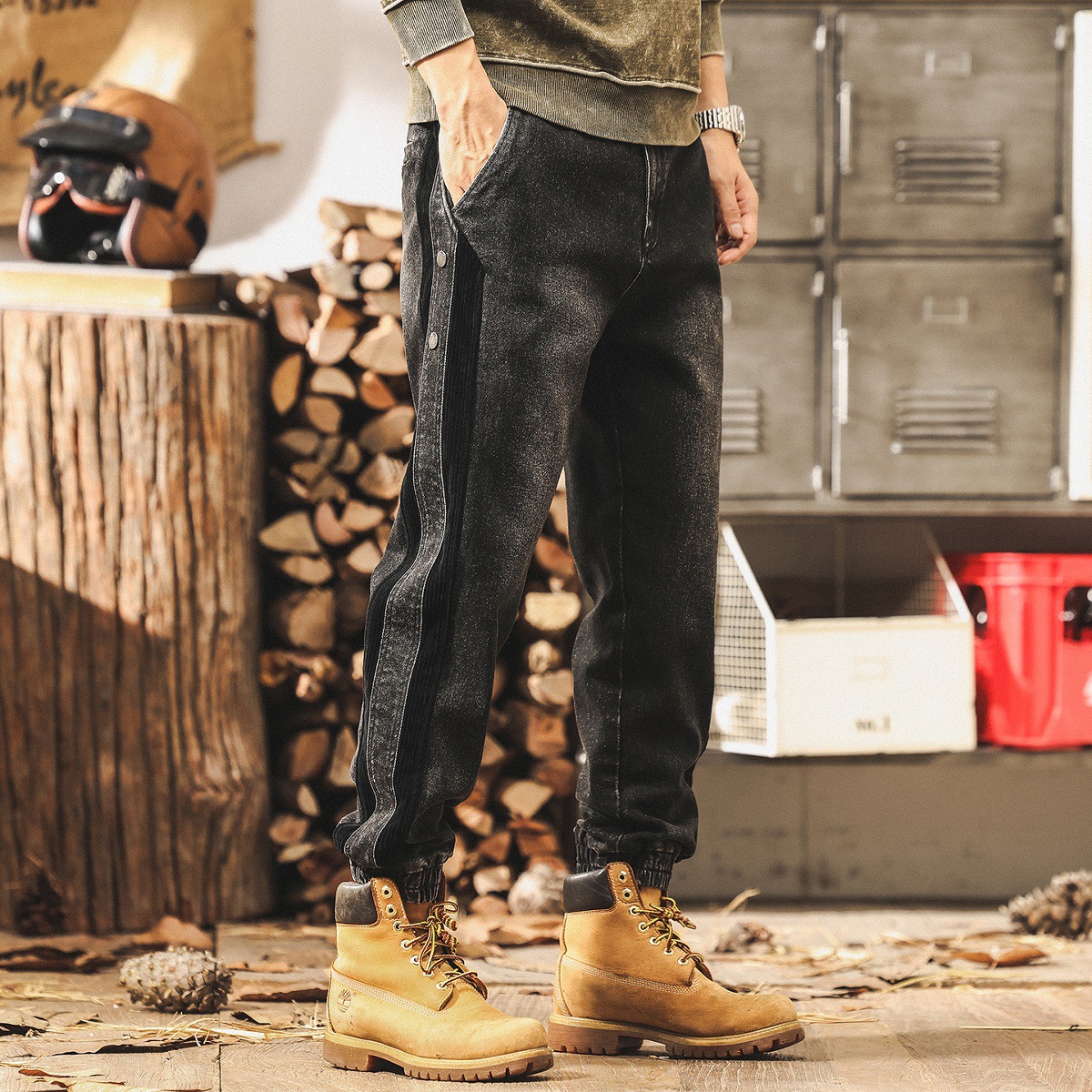 美式復古做舊水洗黑色牛仔褲男秋季2025新款潮牌束腳工裝休閒褲子