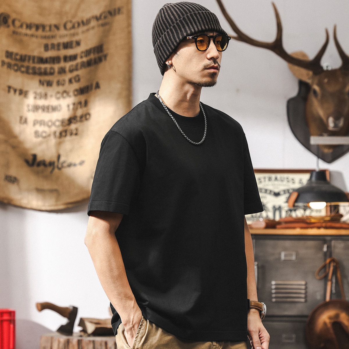 美式復古T恤男夏季重磅純色短袖潮牌寬鬆簡約百搭圓領上衣男