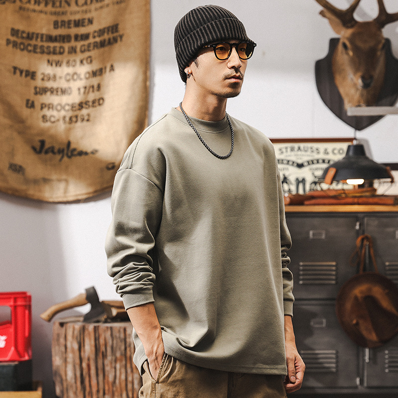 美式復古300g重磅磨毛長袖T恤男春季2025新款寬鬆簡約白色衛衣男
