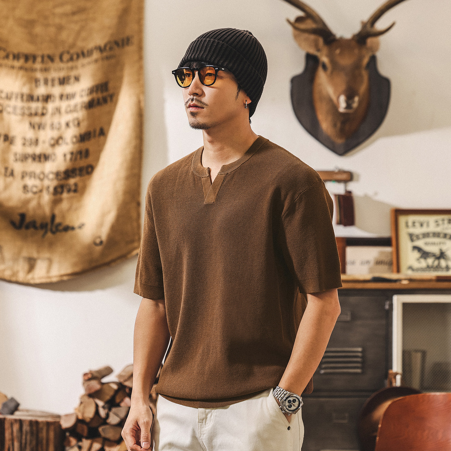 美式復古老錢風針織男士短袖T恤夏季新款寬鬆潮牌亨利領Polo衫男