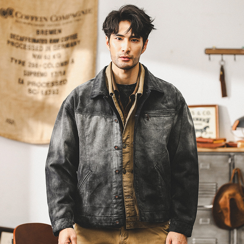 美式重磅複古牛仔外套男秋季潮牌機車阿美咔叽古著休閑工裝夾克男