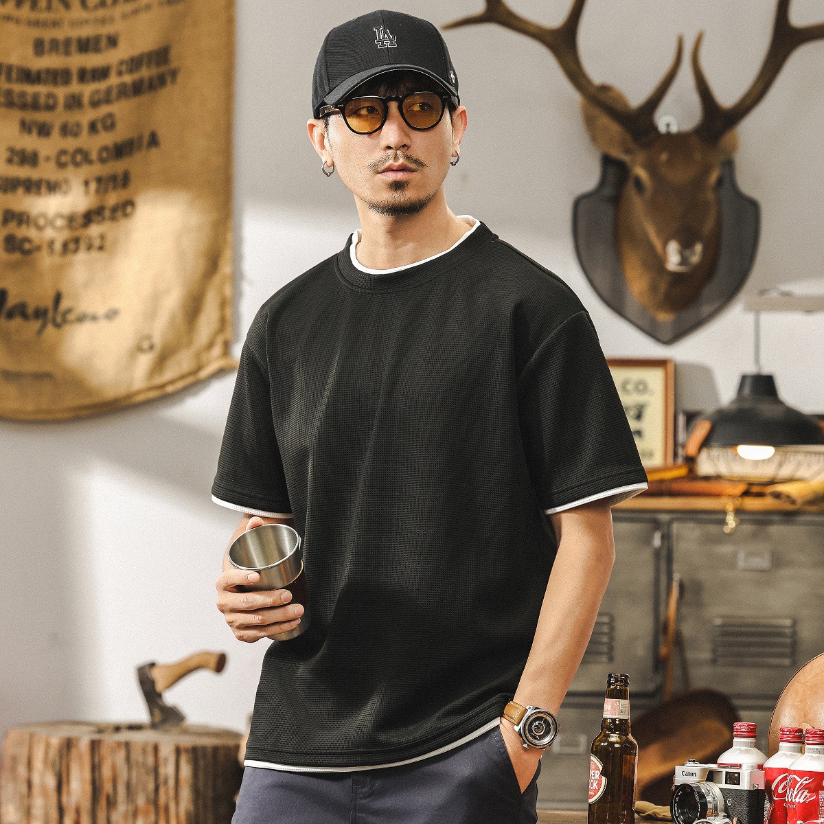 假兩件短袖T恤男夏季新款潮牌華夫格肌理感體恤寬鬆大碼男士上衣T