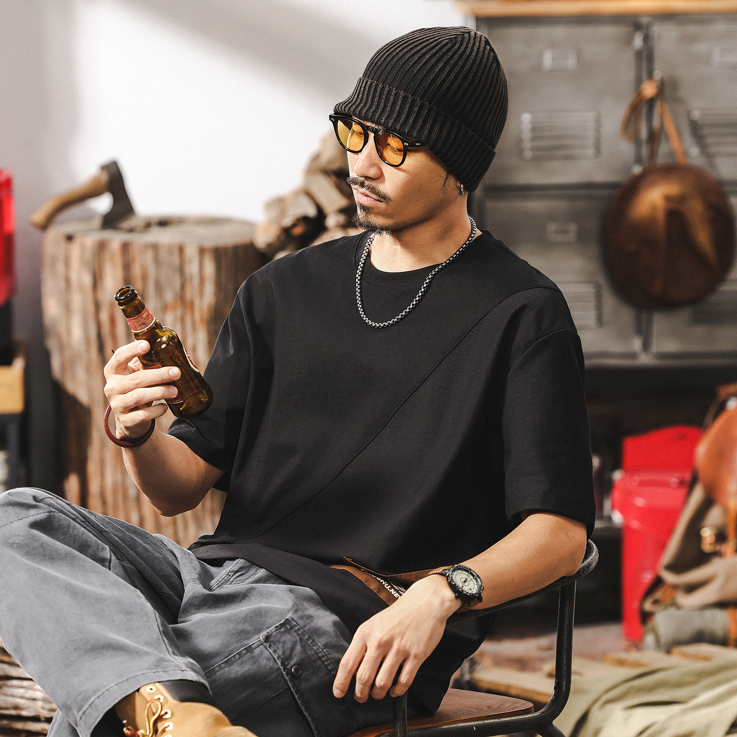 高級感拼接提花T恤男夏季美式短袖2025新款寬鬆潮牌男士半袖