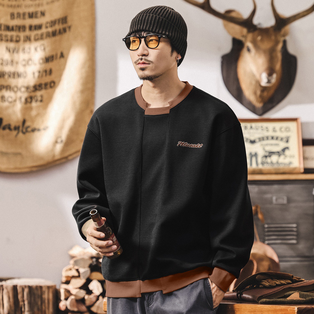 美式復古潮流字母刺繡衛衣男士秋季新款潮牌拼接重磅寬鬆長袖上衣