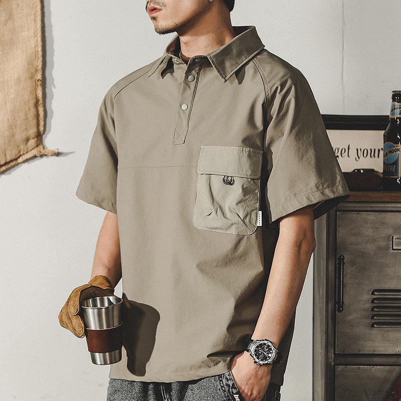 杰雷諾美式工裝復古短袖T恤男夏季高彈錦綸寬鬆襯衫領半袖POLO衫