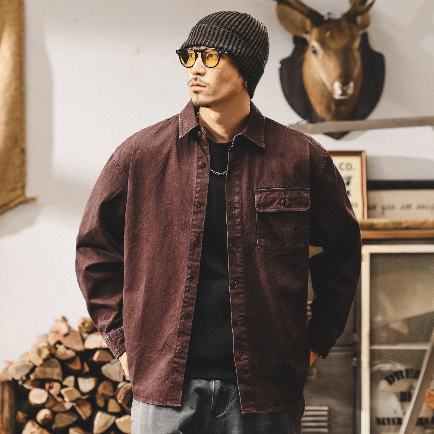 美式復古酵素水洗牛仔外套男春秋2025新款工裝襯衫男長袖寬鬆襯衣