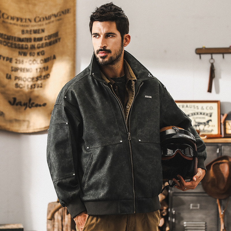 美式復古扎染水洗工裝外套男春秋2024新款潮流痞帥硬漢休閒夾克男