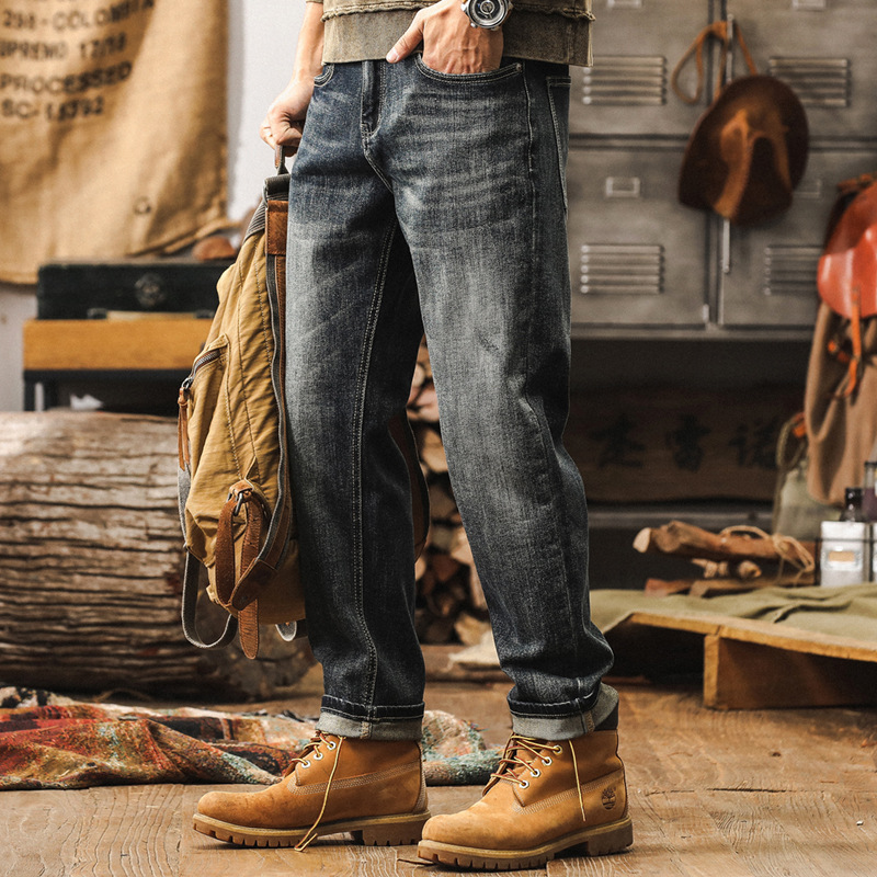 美式重磅經典牛仔褲男直筒修身大碼褲子男秋季復古水洗休閒長褲男