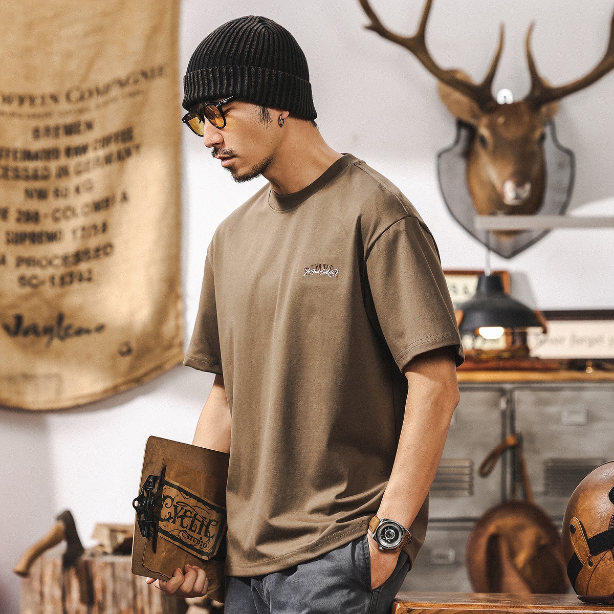 【7A抗菌防蟎涼感】T恤男短袖夏季美式復古潮流絨面印花休閒上衣T