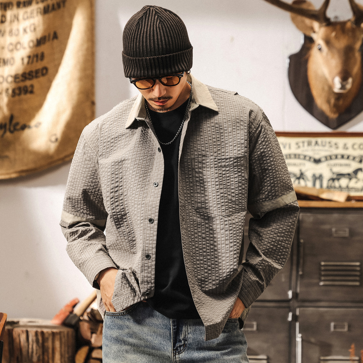 美式復古空氣層蓬鬆感襯衫外套男春秋潮牌拼接寬鬆立體格子襯衣男