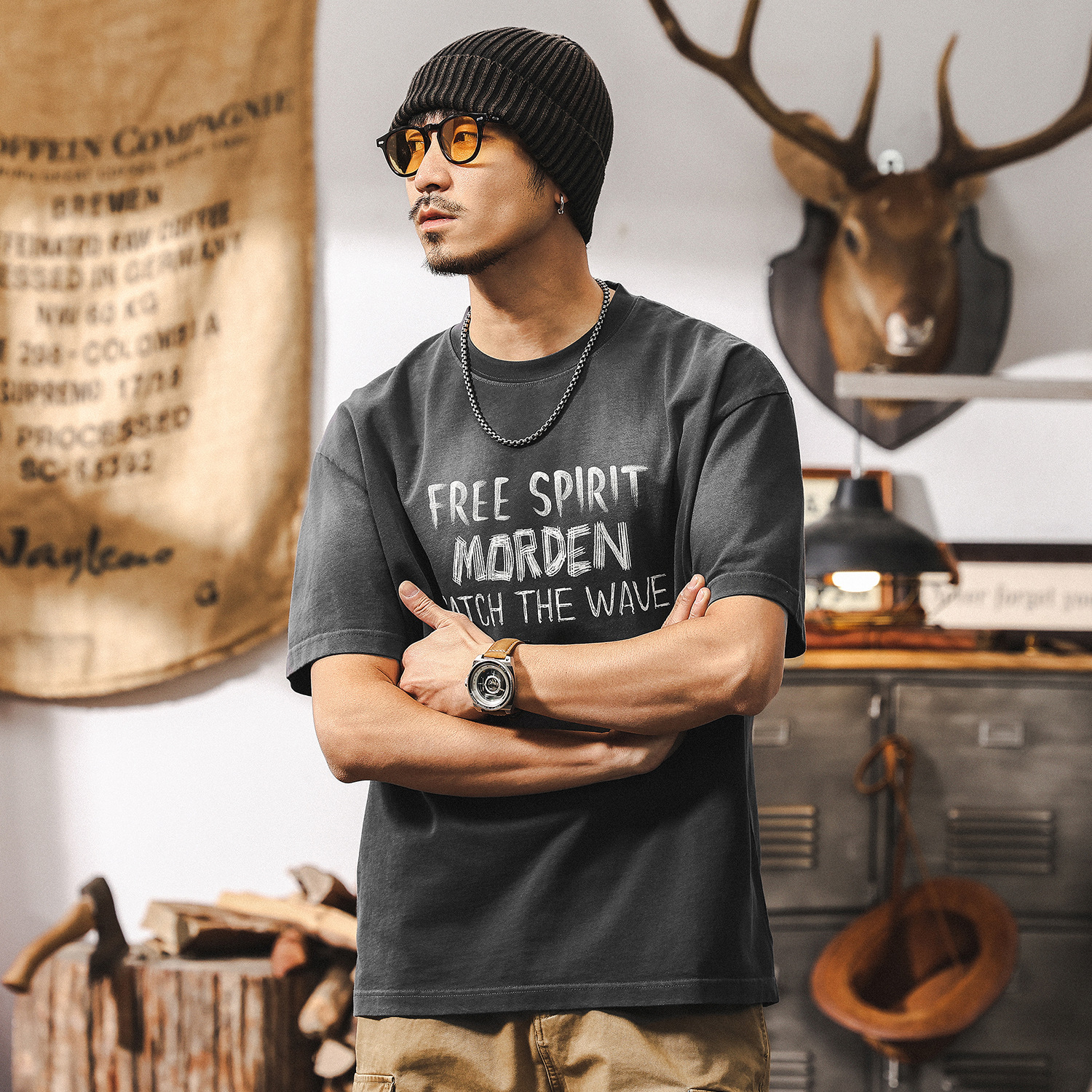 美式復古水洗290g重磅T恤男夏季短袖男寬鬆塗鴉印花男士上衣