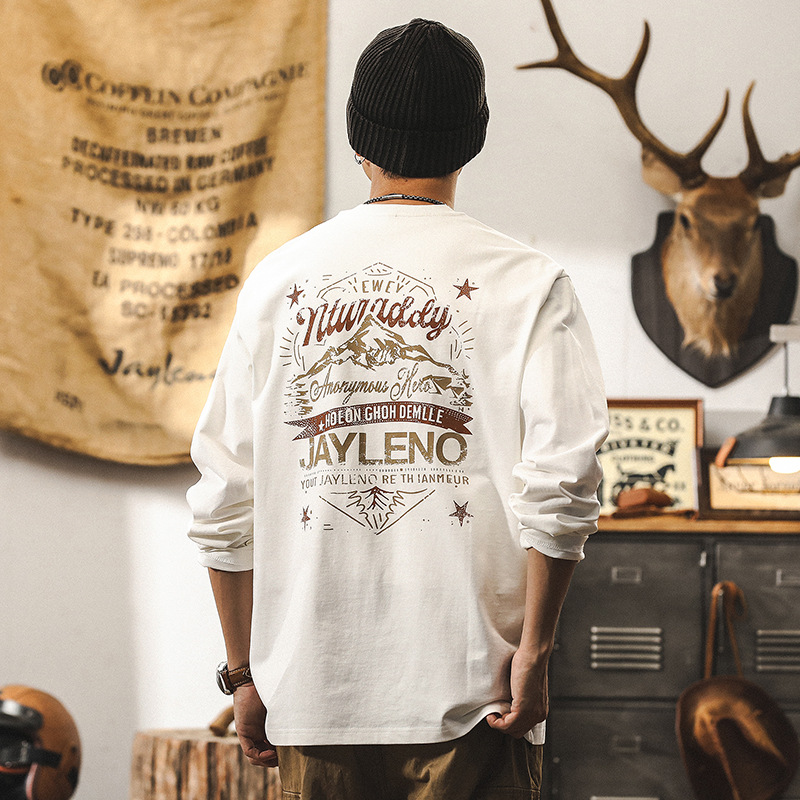 美式復古260g重磅長袖T恤男寬鬆秋季2024新款潮流印花體恤男