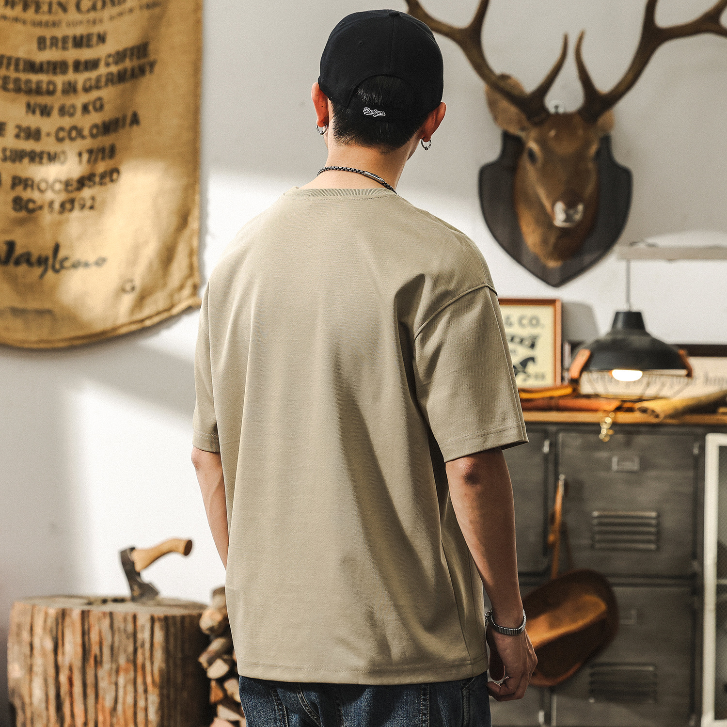 萊賽爾天絲夏季T恤男短袖寬鬆美式復古潮牌寬鬆拼接設計男士上衣