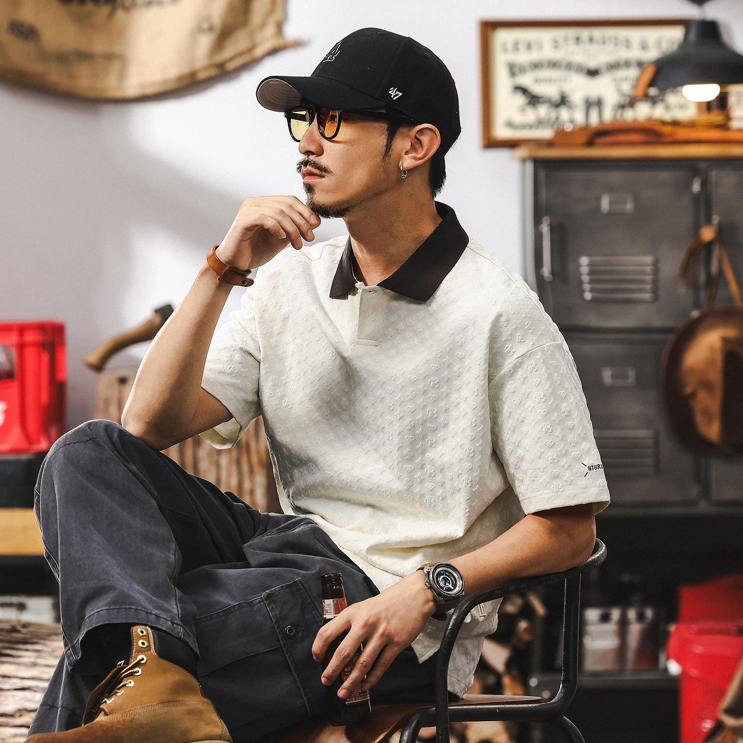 美式復古肌理感提花POLO衫男夏季短袖T恤時尚潮牌寬鬆翻領上衣男