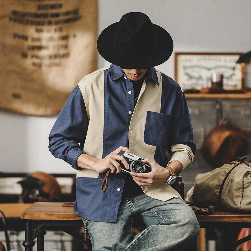 英倫風痞帥男裝復古襯衫男長袖美式潮牌撞色拼接高級感休閑襯衣男