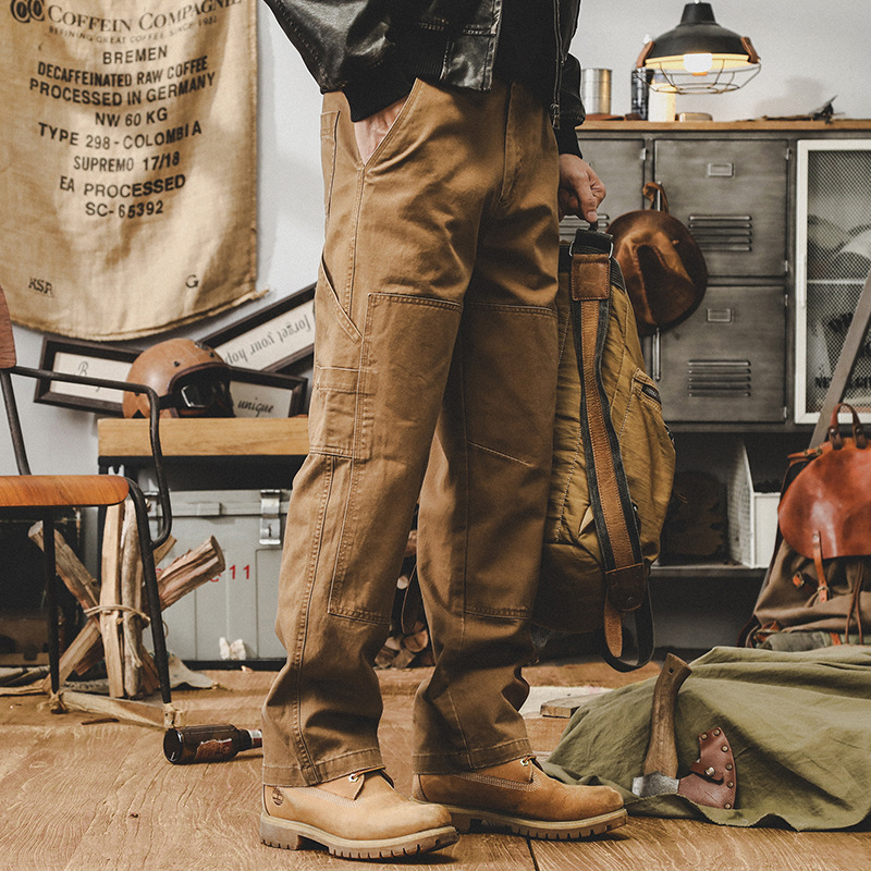 美式重磅複古工裝褲男直筒寬松2024新款雙膝伐木褲秋季休閑褲子男