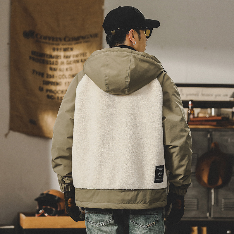 美式拼接設計羊羔絨外套男冬季2023年新款男生加絨加厚工裝棉服男