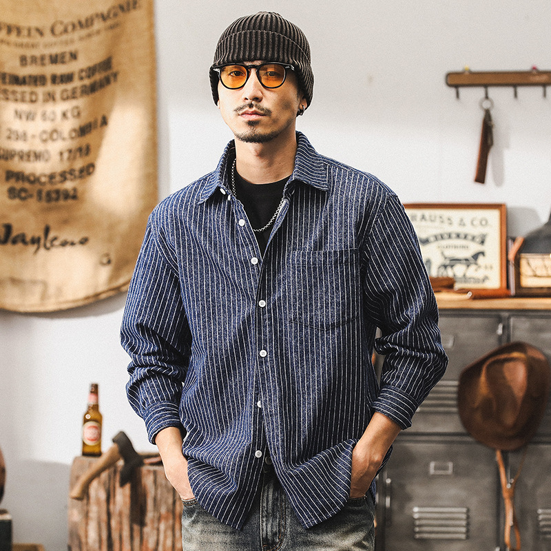 美式復古條紋襯衫男長袖秋季寬鬆工裝襯衣男色織牛仔外套男春秋款