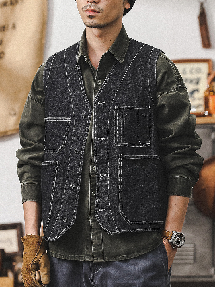 美式復古水洗牛仔馬甲外套男2024新款阿美咔嘰背心男重磅工裝夾克