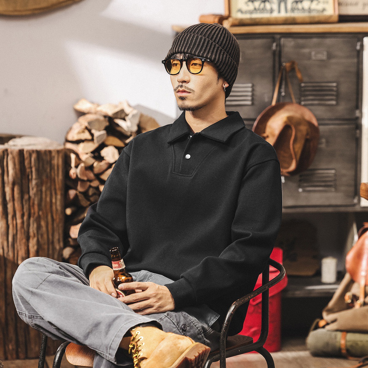 美式復古重磅Polo領衛衣男春秋2025新款簡約輕熟寬鬆休閒翻領上衣