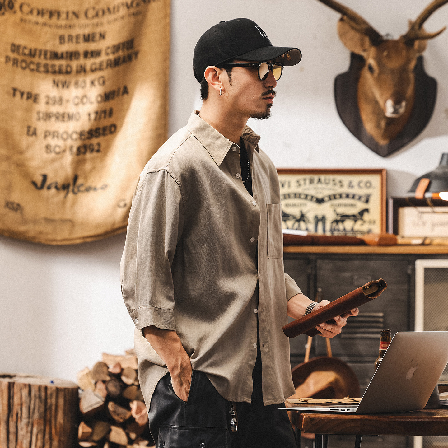 夏季新款中式國風亞麻襯衫男士短袖萊賽爾天絲薄款七分袖男士襯衣