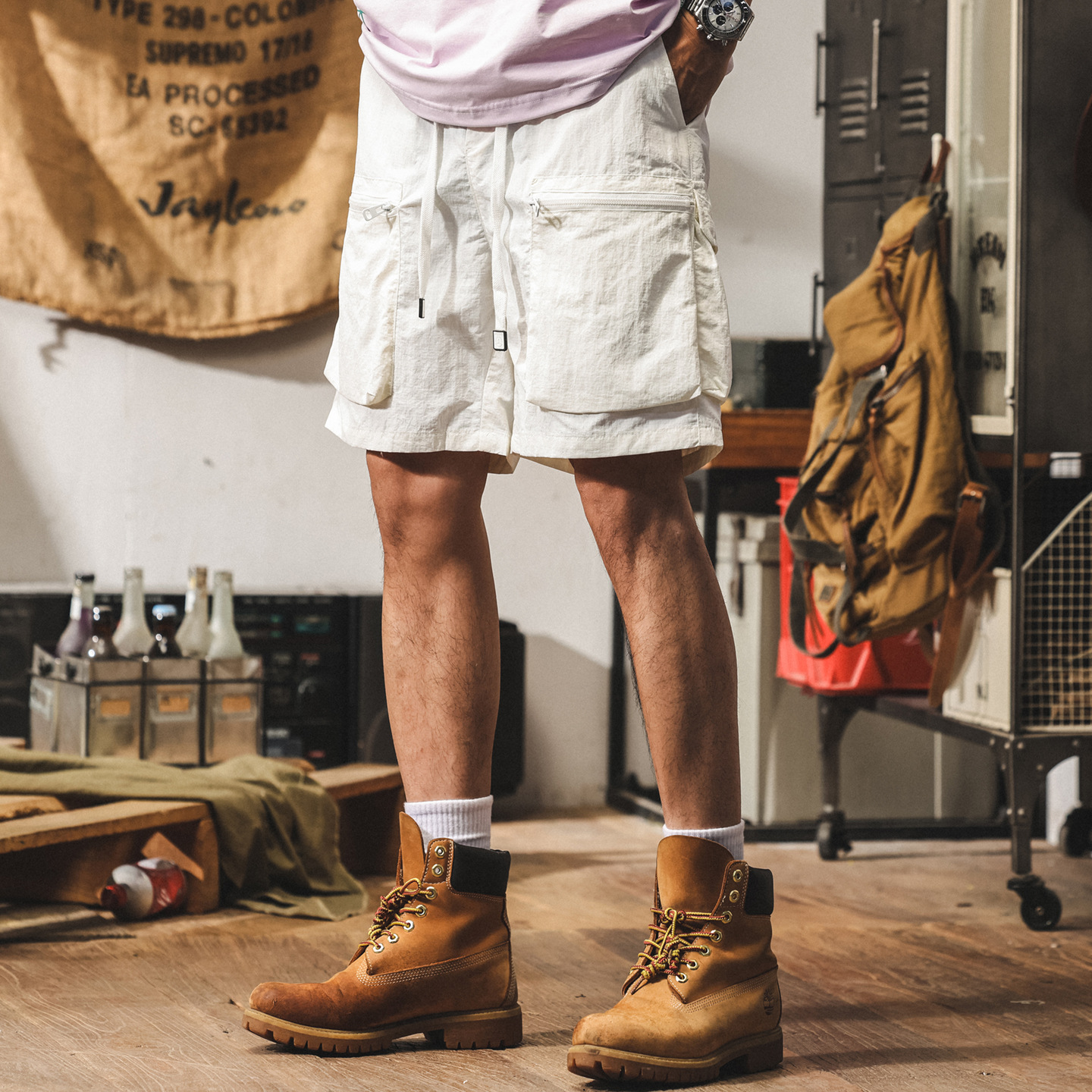 美式戶外白色工裝短褲男夏季潮牌運動速幹五分褲寬鬆大碼冰絲中褲