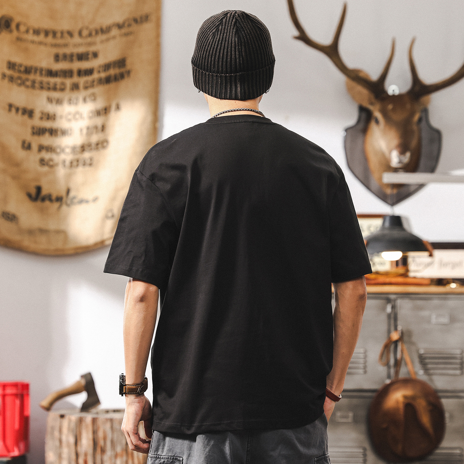 美式復古230g重磅短袖男士T恤夏季潮流拼接高級感半截袖男裝體恤