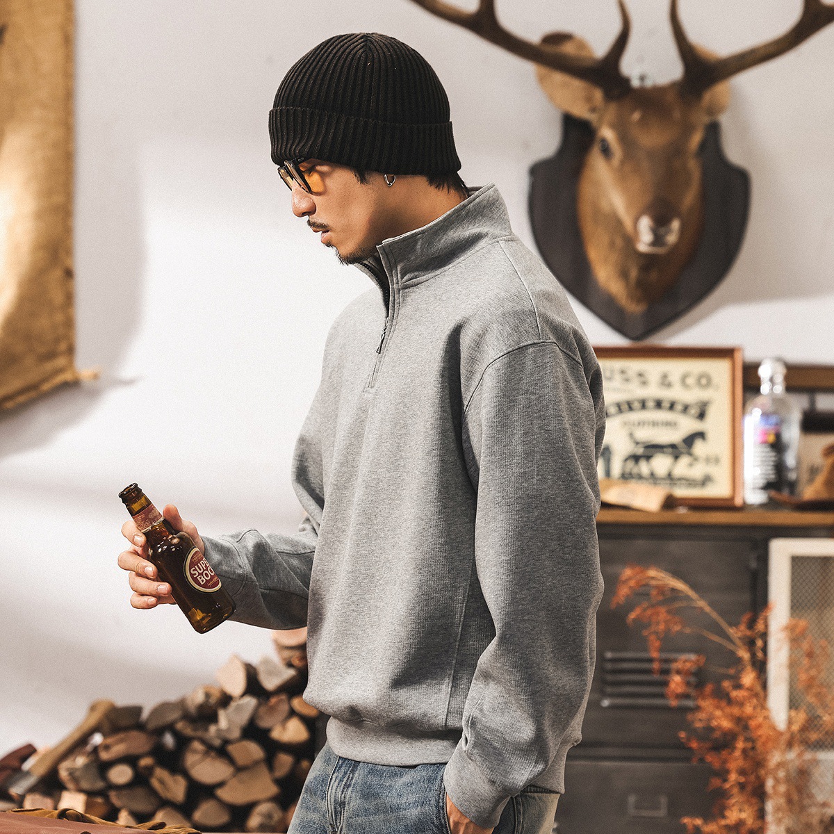 美式復古立領重磅衛衣男新款秋季男士上衣春秋寬鬆休閒半拉鍊外套