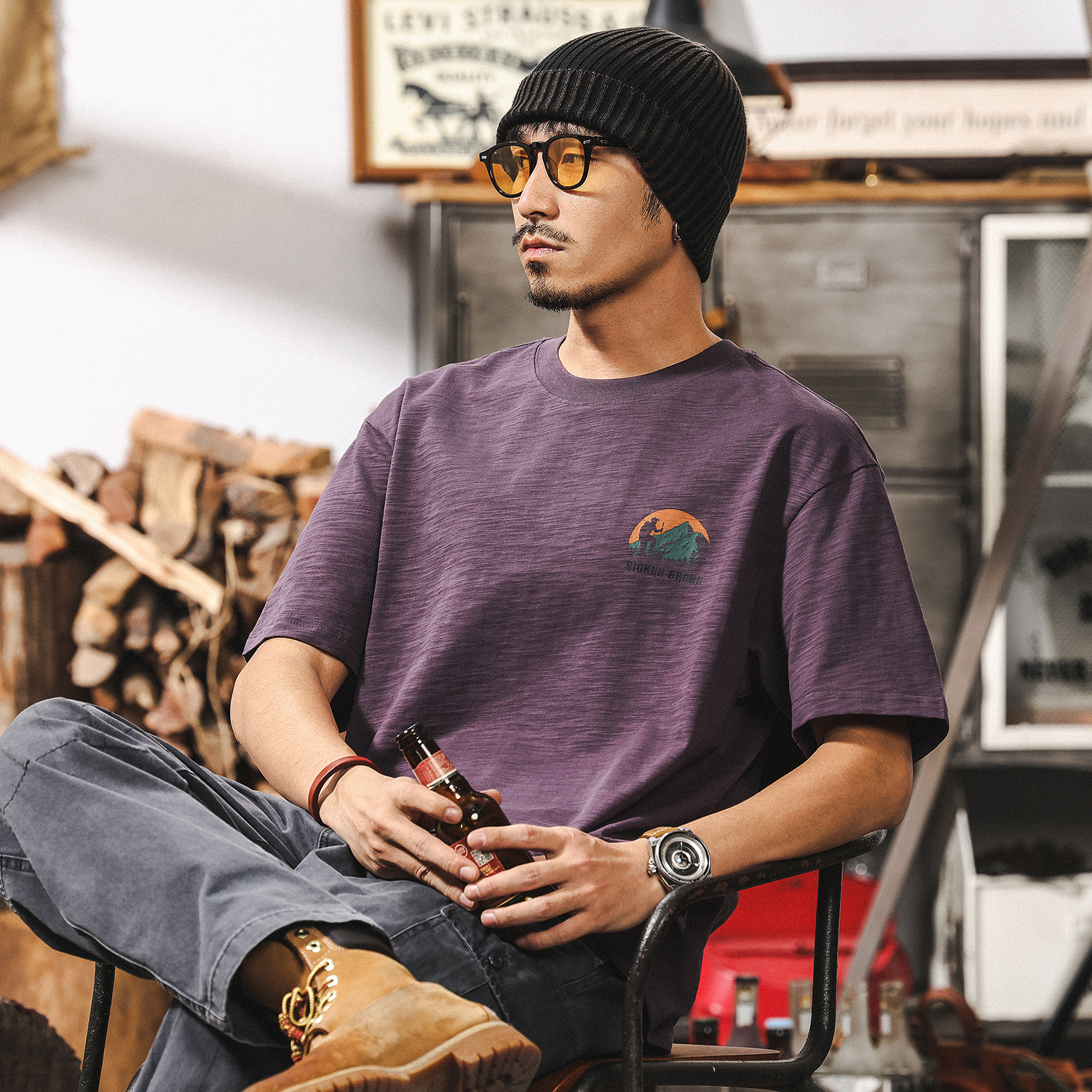 高級感竹節肌理短袖T恤男夏季潮牌美式復古戶外山系紫色休閒上衣T