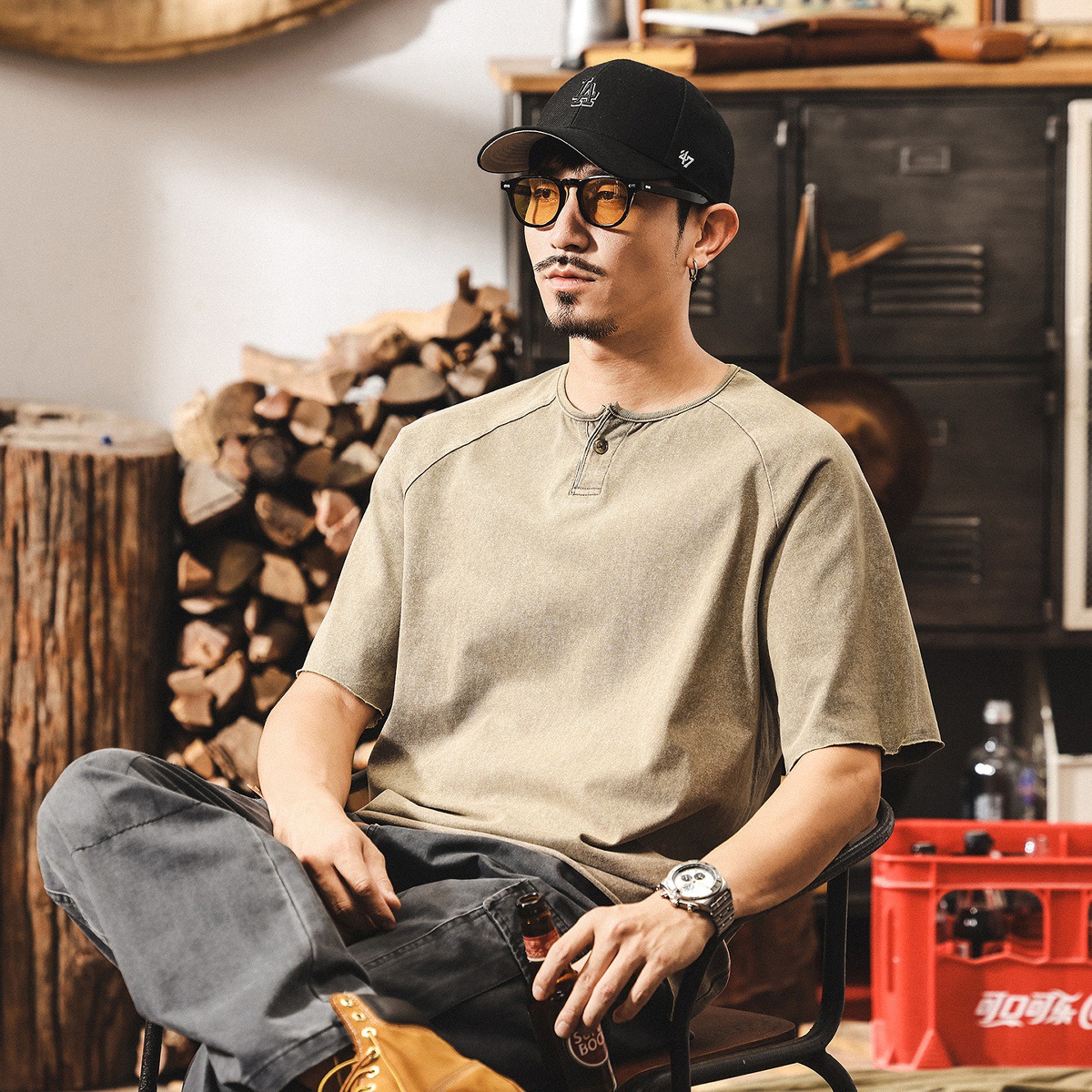 美式復古亨利領POLO衫男士短袖2025新款硬漢痞帥雪花水洗重磅T恤