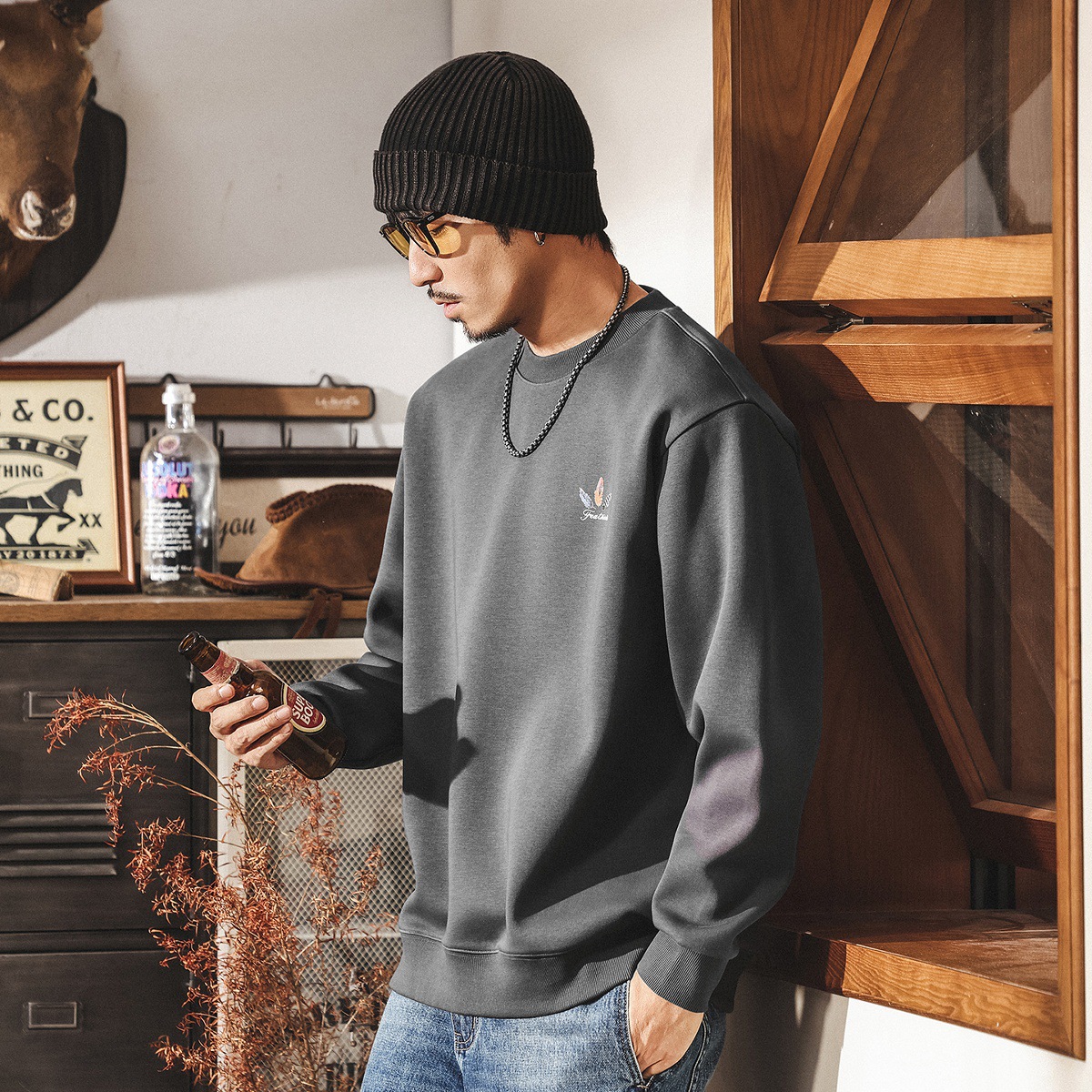 美式復古360g重磅衛衣男春秋新款潮牌寬鬆上衣男潮流印花T恤男款