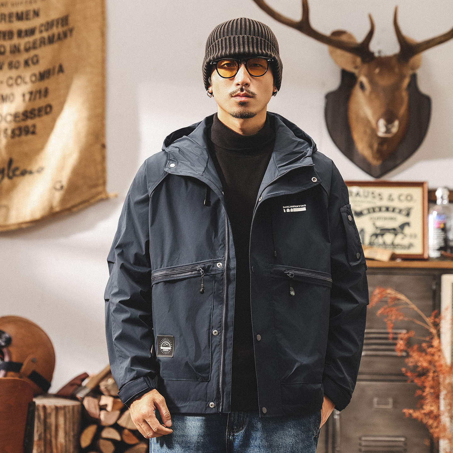 美式復古防風工裝外套男春秋連帽男士潮流山系戶外教練獵裝夾克男