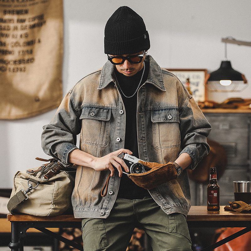 美式經典復古做舊牛仔外套男春季痞帥個性賽博朋克廢土風工裝夾克