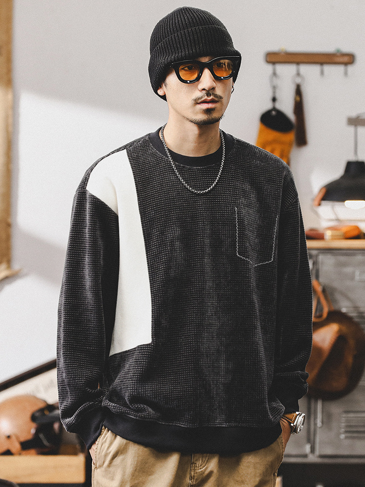 美式重磅華夫格衛衣男春秋款潮牌高級感拼接撞色寬松休閑男士上衣