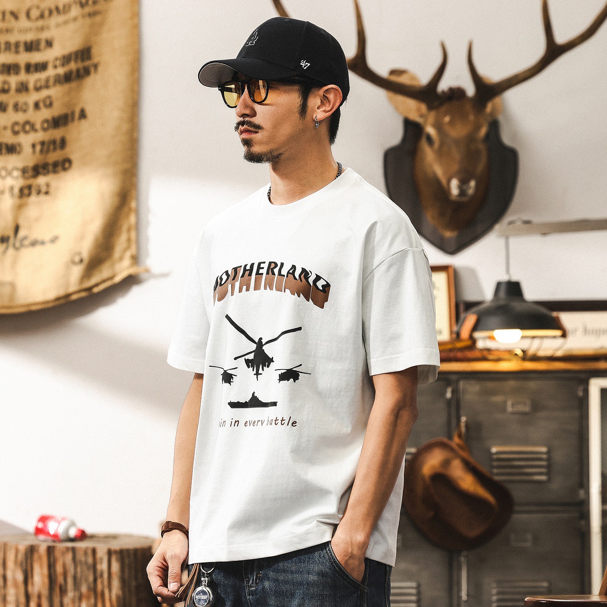 美式復古科技涼感棉男士T恤夏季短袖2025新款潮牌寬鬆印花上衣男