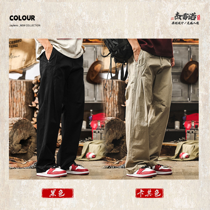 美式復古寬鬆闊腿休閒褲男士夏季直筒長褲子拼接潮牌設計感工裝褲